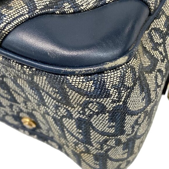 Auth DIOR/ChristianDior Double Saddle Bag - Navy Cream Jacquard Leather Handbag - Picture 6 of 15